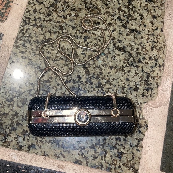 SONDRA ROBERTS Shoulder-Bag Box Clutch Hard-Case-Mesh Rhinestone Clasp Metallic - Picture 3 of 7